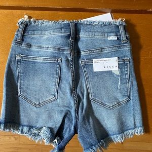 Risen denim shorts, frayed waistband and hem, brand new with tags